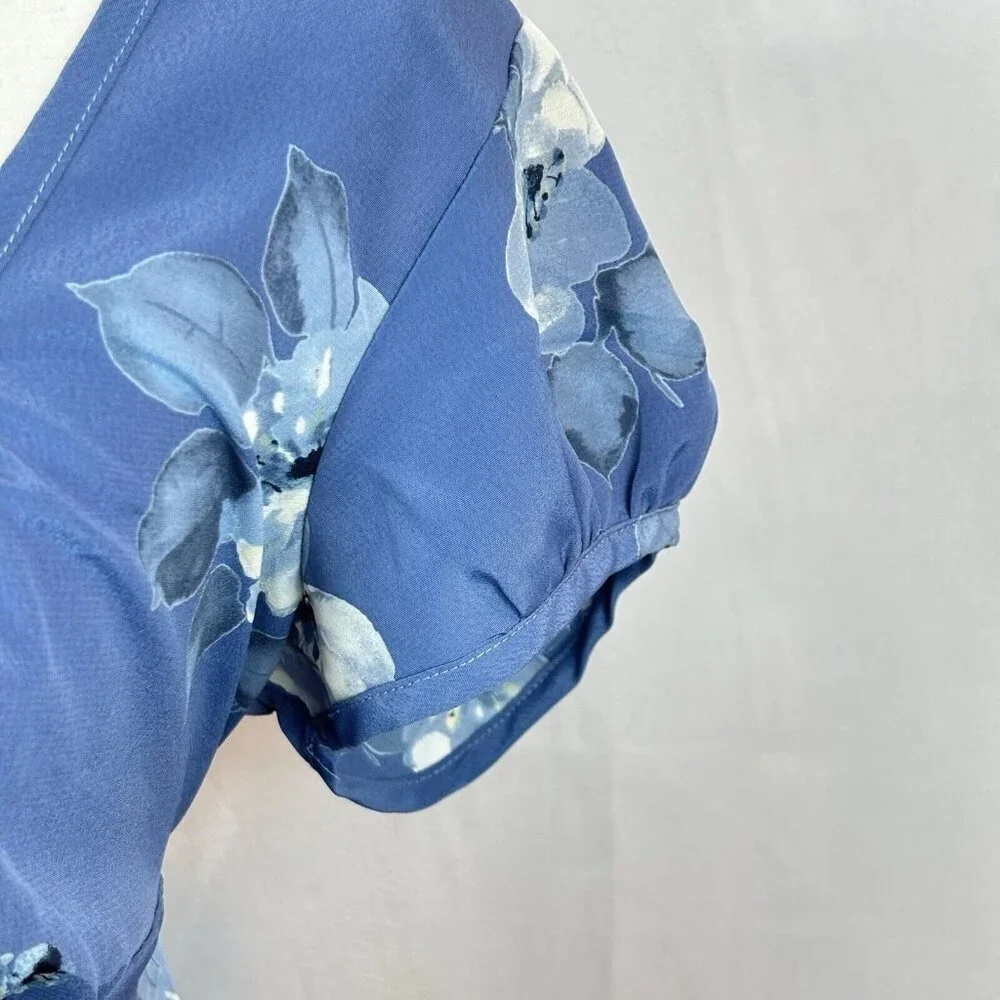 Vintage La Belle Women's Blue Floral Babydoll Cap Sleeve Feminine Blouse Size 11